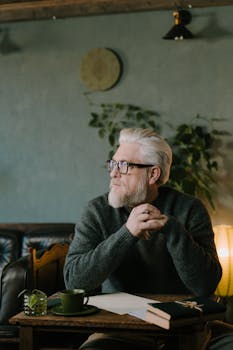 Elderly man with white hair and glasses sits thoughtfully at a wooden desk in a cozy indoor setting.